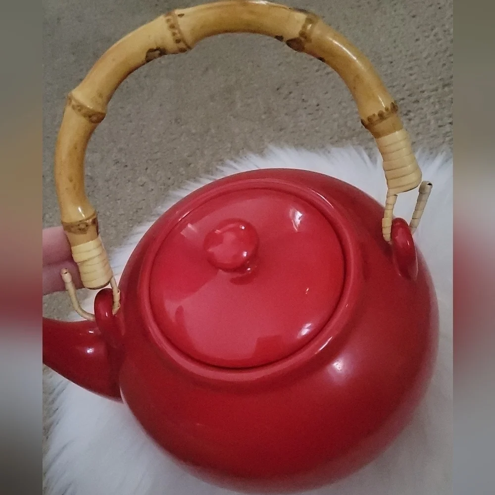 Pottery Barn Rare Vintage Sausalito Red Tea Pot with Bamboo Handle - Picture 8 of 11